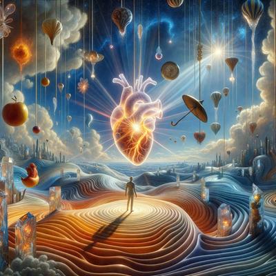 The primary subject of the image is a man standing in a surreal landscape, surrounded by various objects and elements. The setting appears to be a combination of a beach and a city, with a mix of natural and urban elements. The visual style of the image is a digital art or illustration, featuring a vibrant and imaginative design. The colors and mood of the image are lively and whimsical, with a focus on the man as the central figure in this unique and captivating scene.